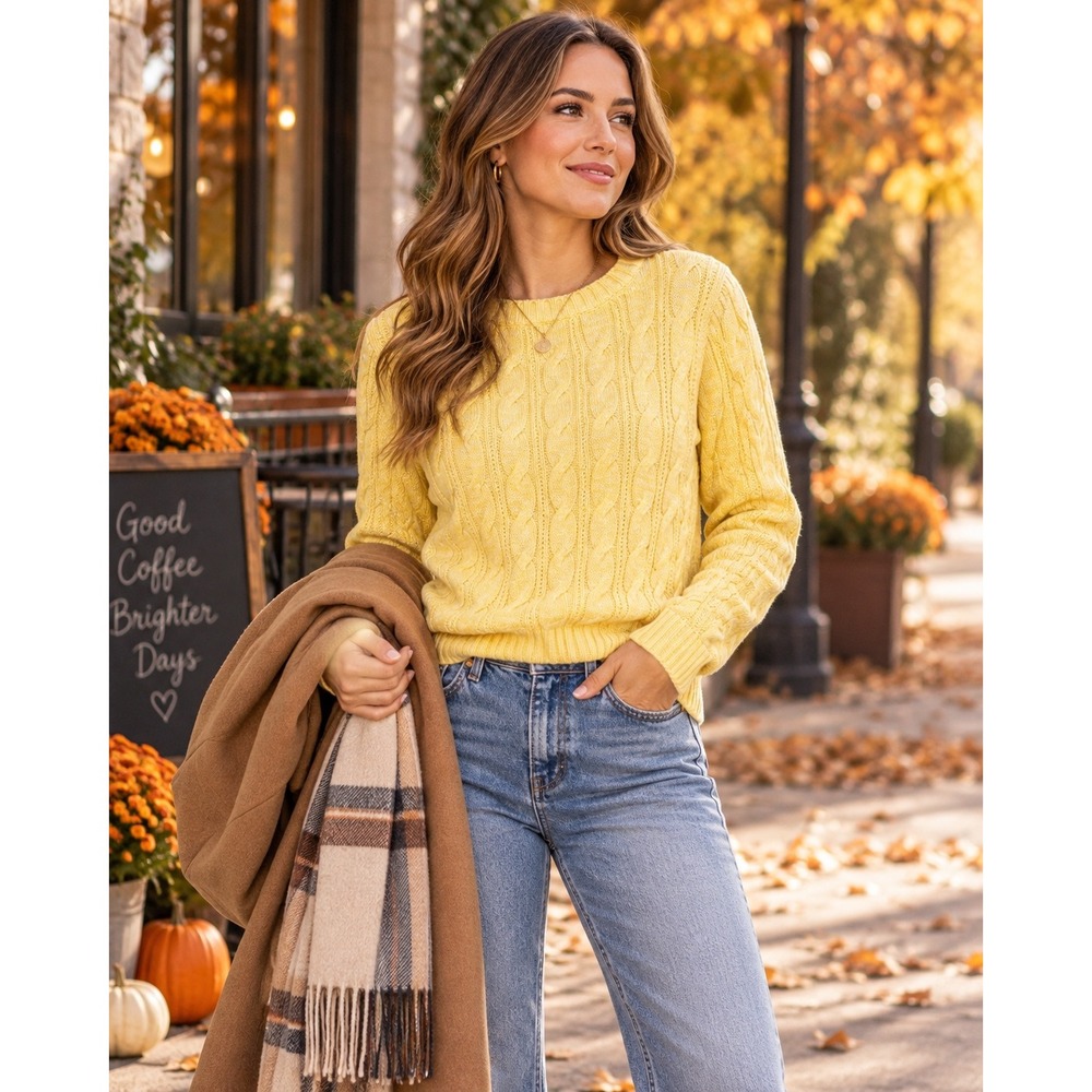 Lands End Drifter Sweater Women Medium Petite Yellow Cable Knit Fisherman Cotton